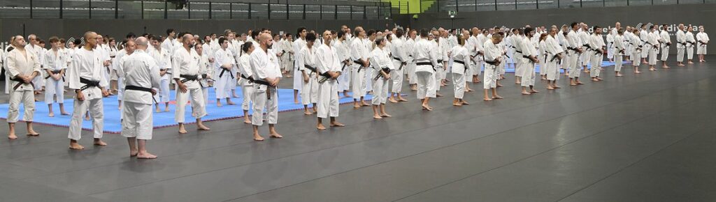 Praticantes reunidos na celebração dos 50 anos de Shorinji Kempo em Portugal, em sessão conjunta.