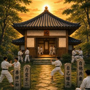 Imagem simbólica de um dojo visto do exterior, em estilo tradicional.