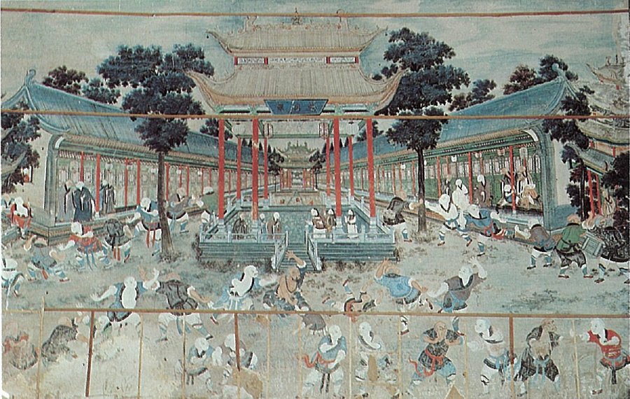 Mural no Templo de Shaolin que representa as origens do Shorinji-Kempo.